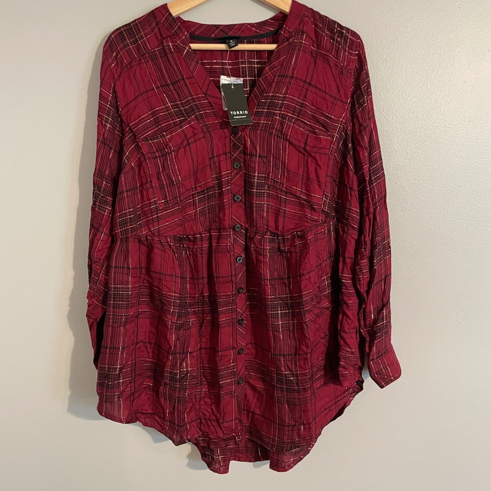 Torrid Babydoll Tunic Womens 0 L Burgundy Plaid Gold Metallic Lurex Boho Grunge